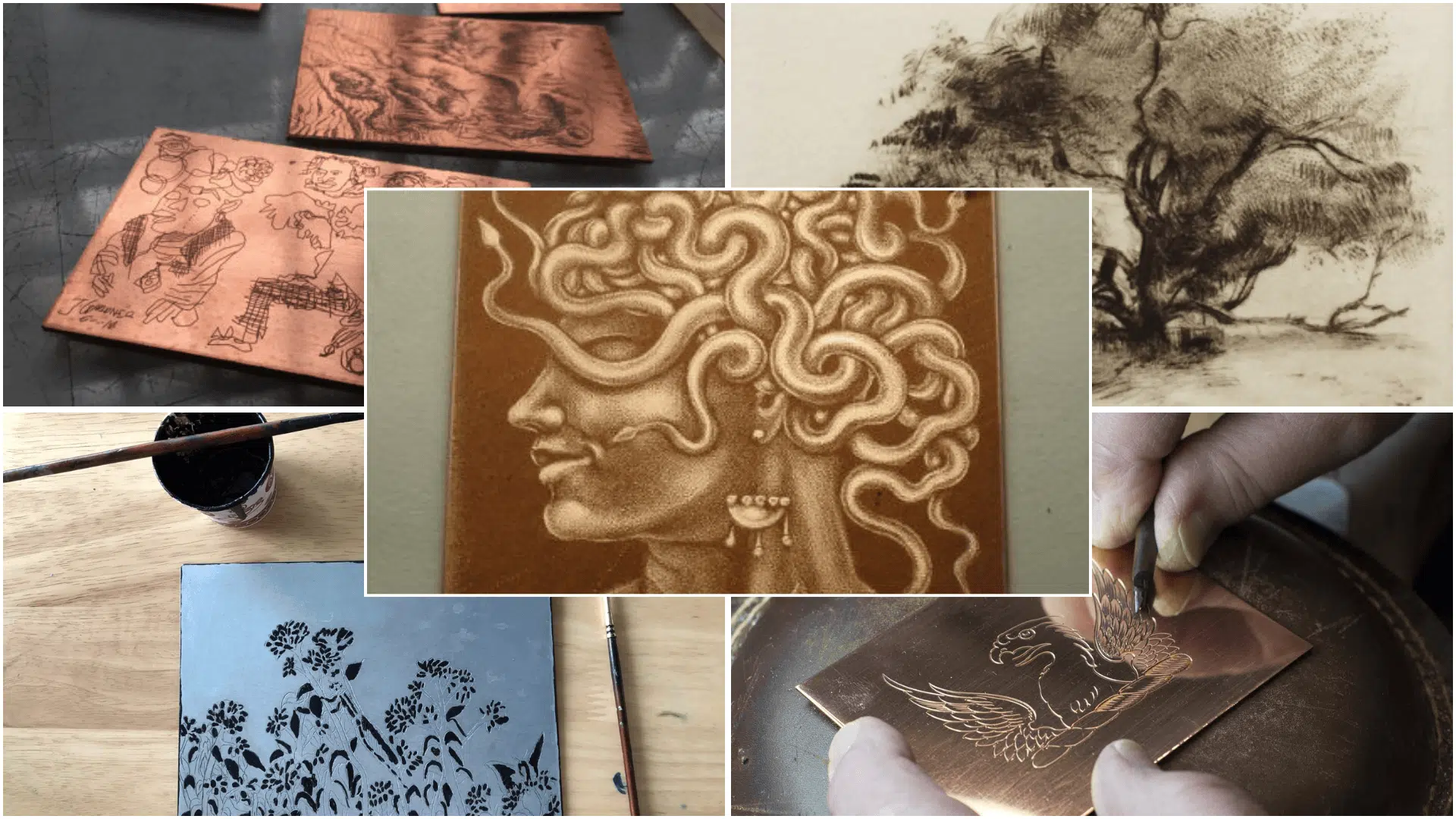 Collage of intaglio printmaking with etched copper plates, engraving tools, inked surfaces, and detailed portrait and landscape prints
