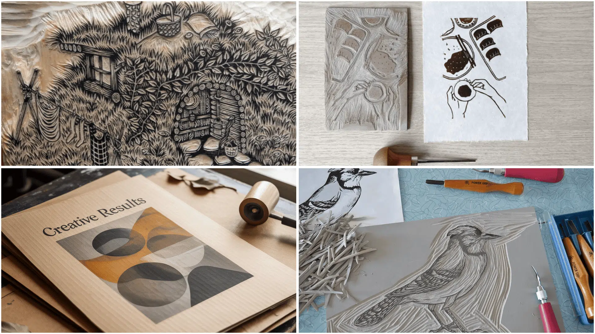 Collage of relief printmaking carved wooden block hut linoleum designs, inked print, tools and detailed bird carving in progress