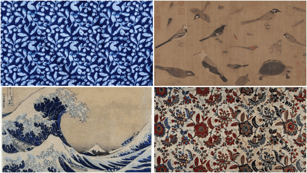 Collage of traditional print patterns, including indigo textiles, Japanese wave art, bird illustrations, and floral motifs