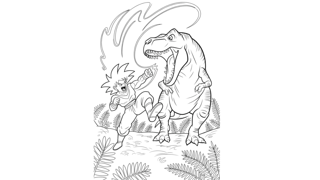 Goku Fighting a Dinosaur