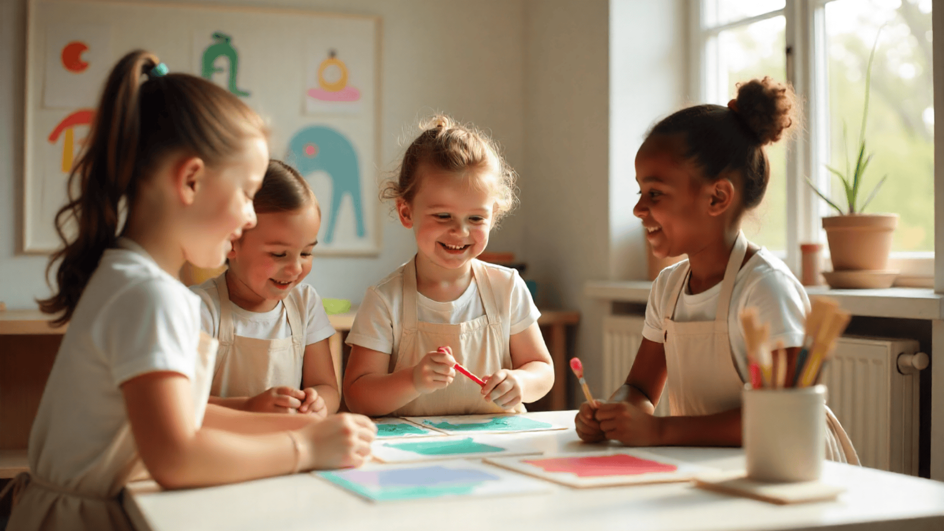Young children painting together in art class, smiling and creating colorful artwork in a bright classroom