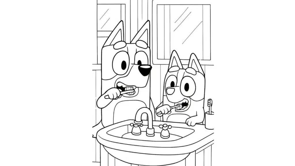 Bluey And Bingo Brushing Teeth Together in the Bathroom