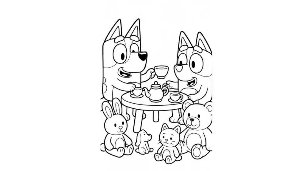 bluey and bingo having a tea party with stuffed animals and toy teacup