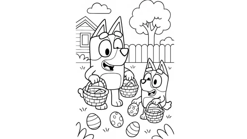 bluey and bingo hunting colorful easter eggs with baskets in the yard