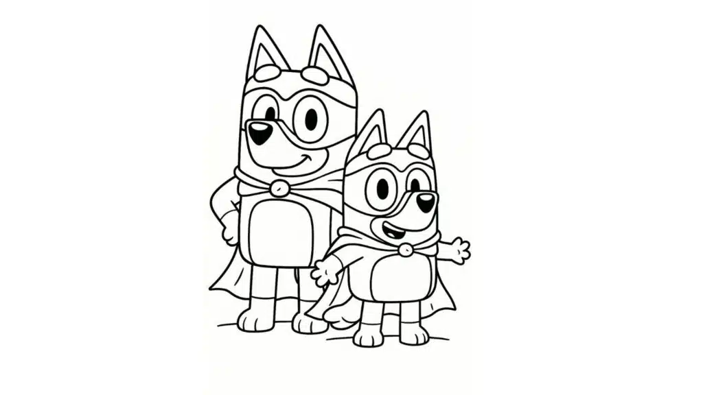bluey and bingo in superhero costumes with capes and masks