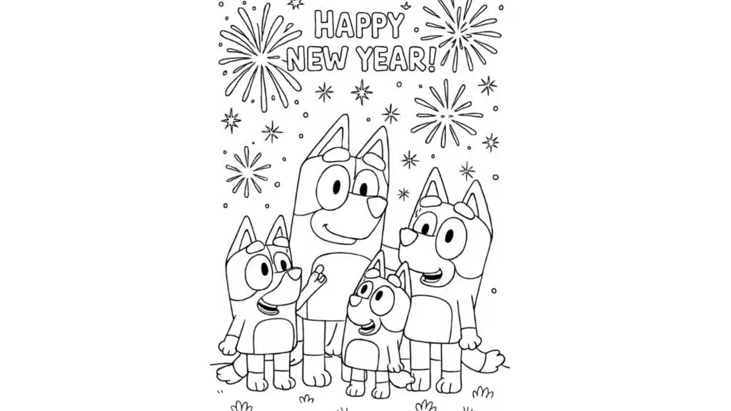 bluey family watching fireworks in the night sky on new years eve