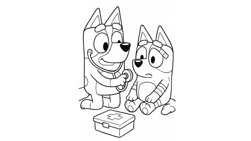 bluey playing doctor with bingo as the patient using toy stethoscope and bandages