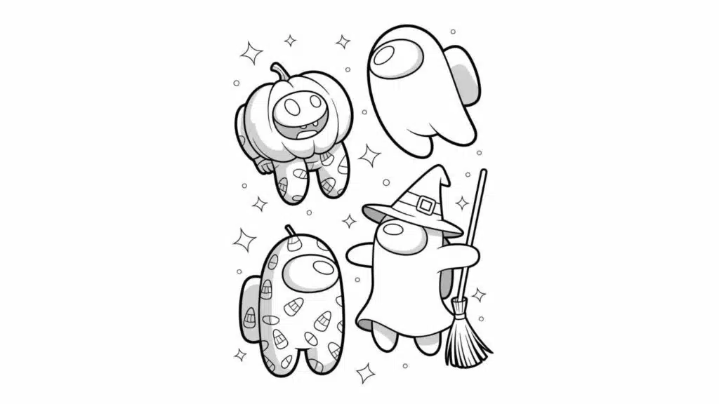 Halloween Crewmates as Pumpkins and Ghosts