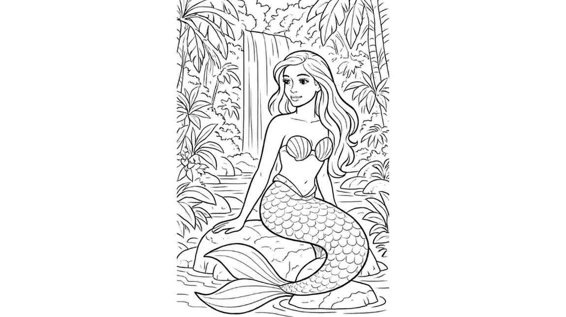 Mermaid Sitting by a Waterfall