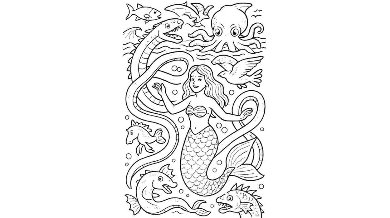 Mermaid Surrounded by Mythical Sea Creatures