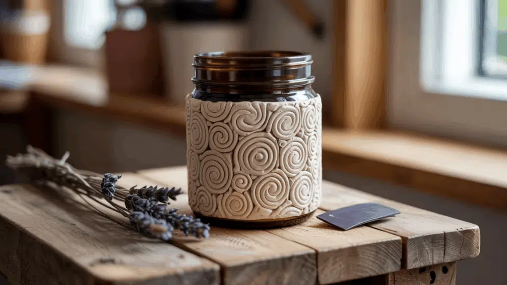 upcycled jar with clay veneer