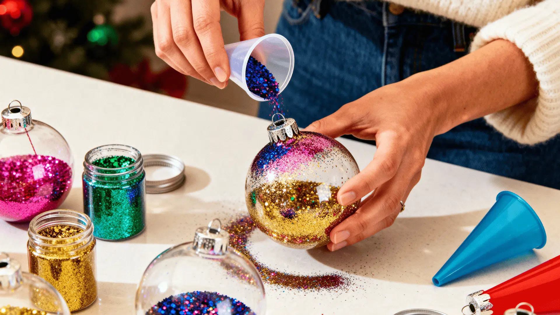 glitter filled clear ornaments