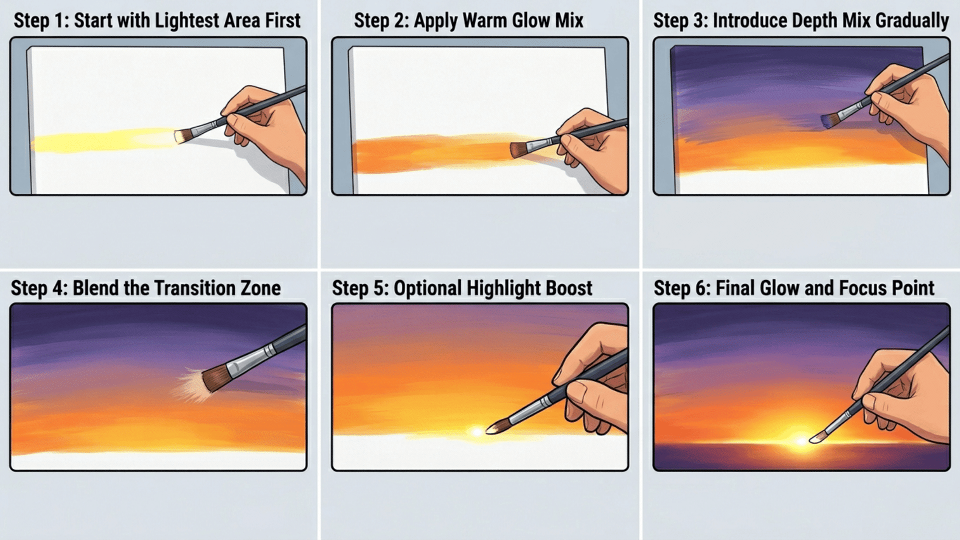 A 6-panel painting guide shows how to paint a sunset. It progresses from a light yellow horizon to a deep purple sky and bright sun.
