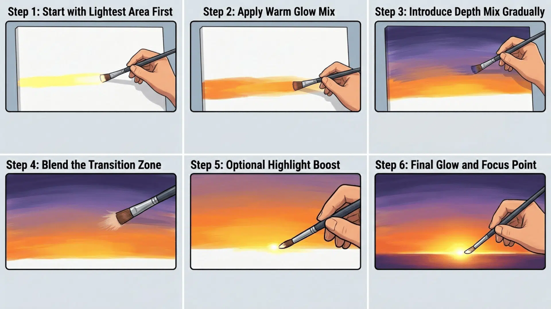 A 6-panel painting guide shows how to paint a sunset. It progresses from a light yellow horizon to a deep purple sky and bright sun.