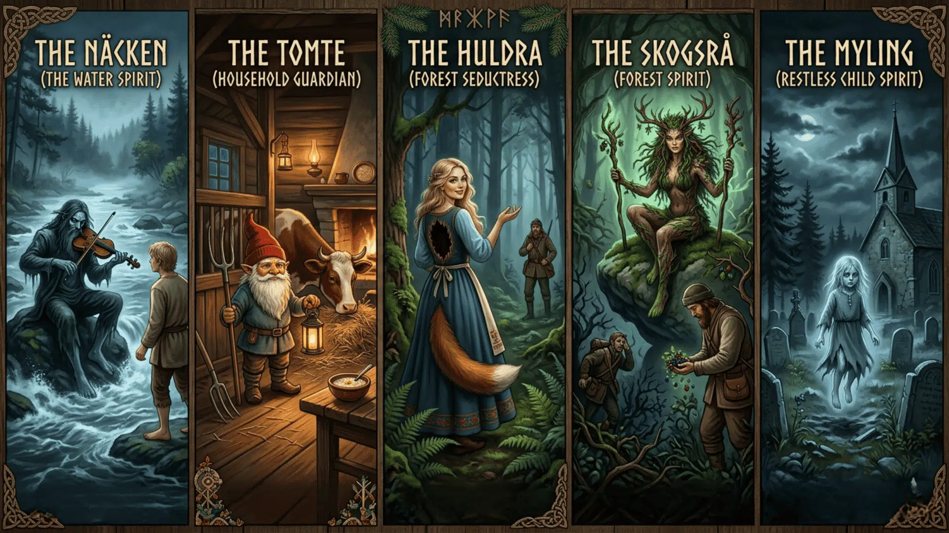 A five-panel illustration of Swedish folklore creatures Näcken, Tomte, Huldra, Skogsrå, and Myling, with text.