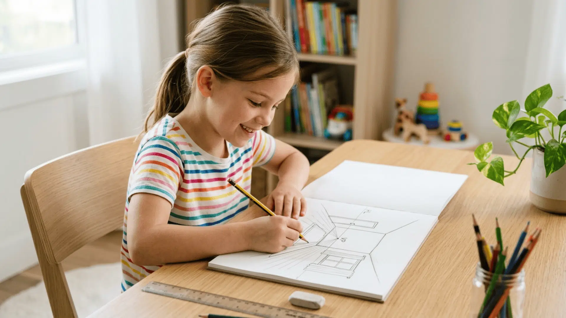 A realistic photo of a girl at a desk drawing a room in one-point perspective with a horizon line and vanishing point.