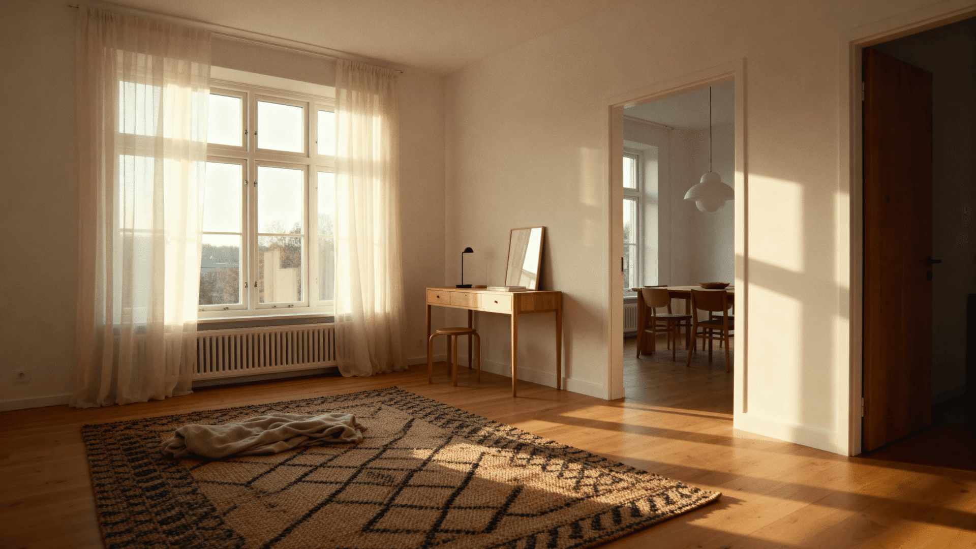 Bright Scandinavian living room with white walls, sheer curtains, light wood furniture, minimal decor, soft sunlight, and cozy neutral rug