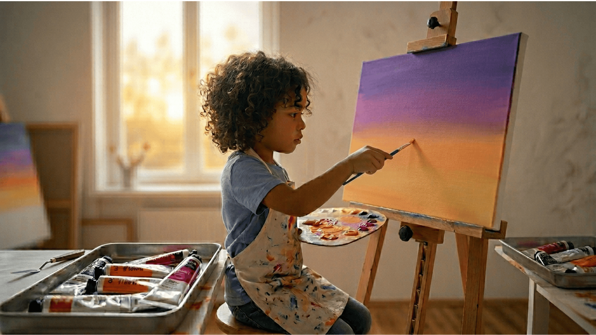 Child with curly hair painting a sunset on canvas at an easel, holding a palette in a sunlit room with art supplies.