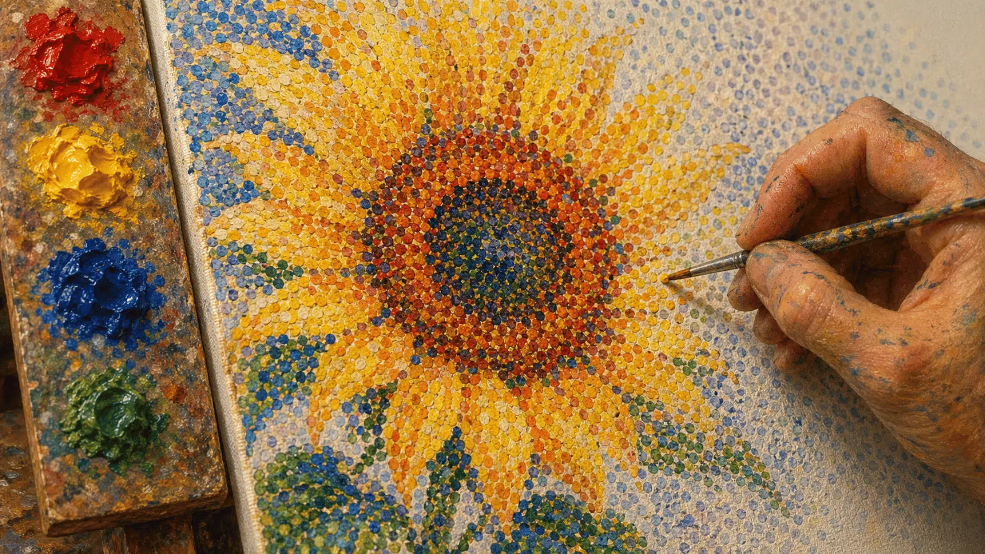 Close-up of a painter’s hand applying tiny colorful dots to form a vibrant sunflower in a textured pointillist canvas scene