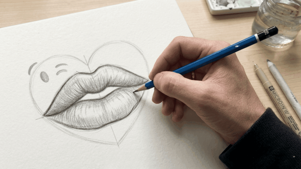 Close-up of an artist sketching realistic, shaded lips inside a faint heart emoji outline on textured paper with a pencil.