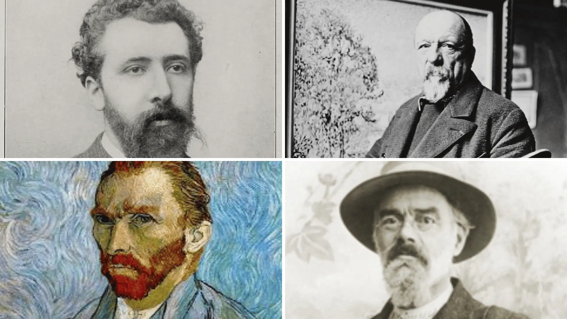 Collage of four artist portraits, including Van Gogh self-portrait and vintage photos, arranged in a simple grid layout