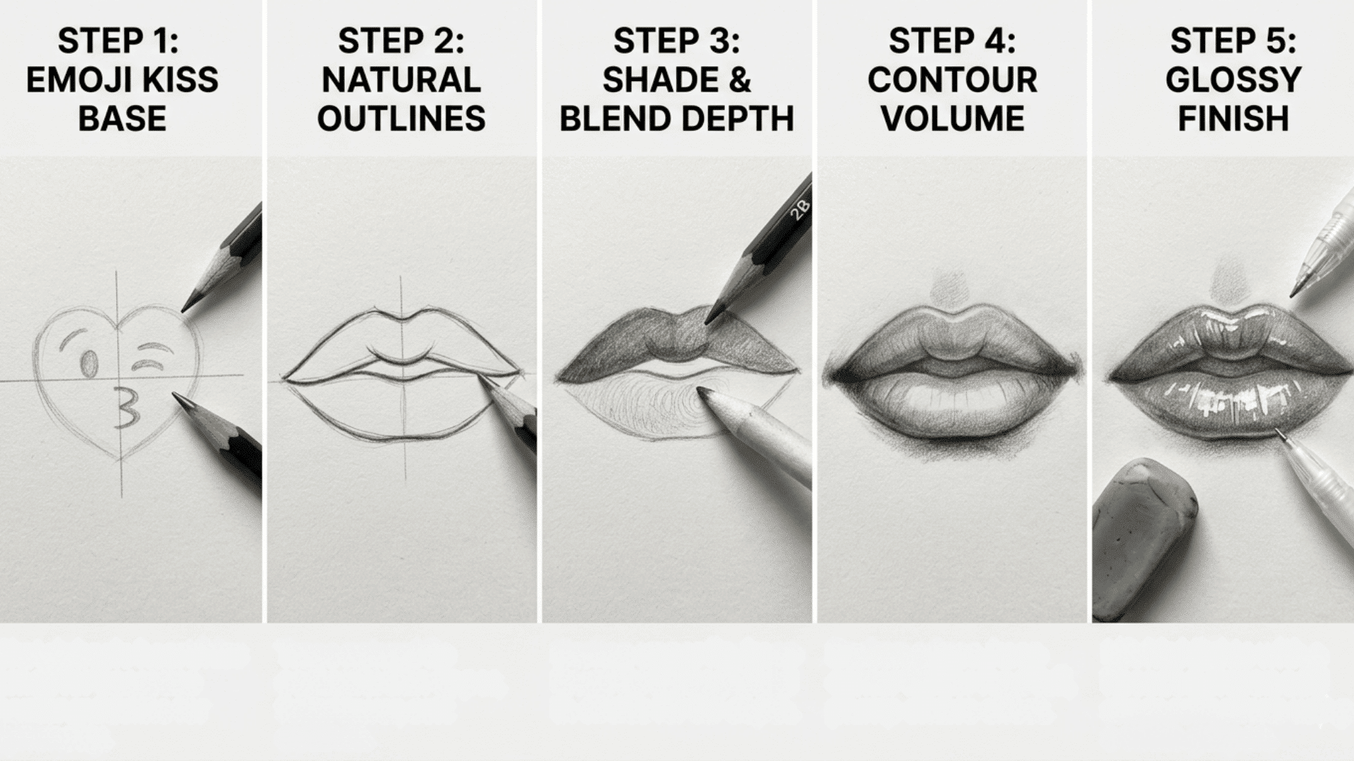 Five-panel pencil tutorial from an emoji heart sketch to realistic, shaded lips with white gel pen highlights for a glossy finish.
