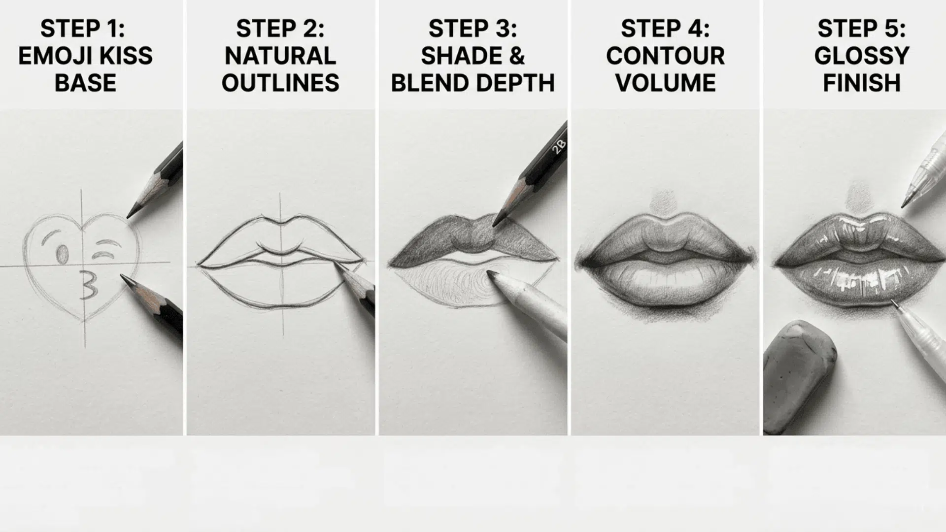 Five-panel pencil tutorial from an emoji heart sketch to realistic, shaded lips with white gel pen highlights for a glossy finish.