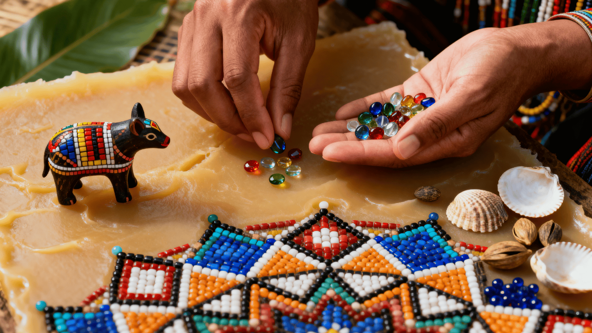 Hands placing colorful beads into wax, Huichol beadwork with geometric patterns, small animal figure, shells and natural materials nearby