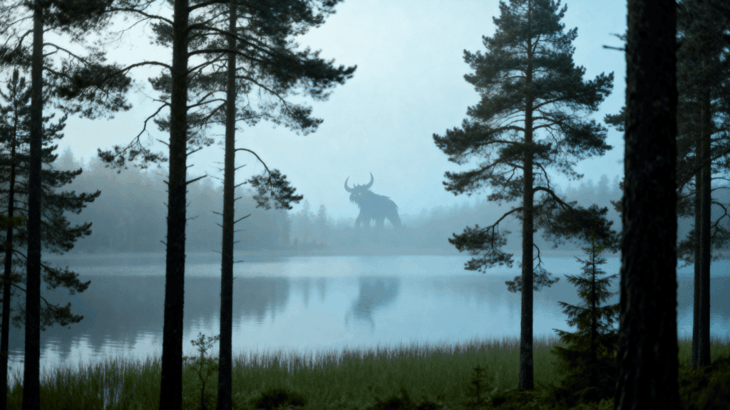Misty Swedish pine forest by a calm lake, soft fog drifting as a large horned folklore creature silhouette looms in the distance