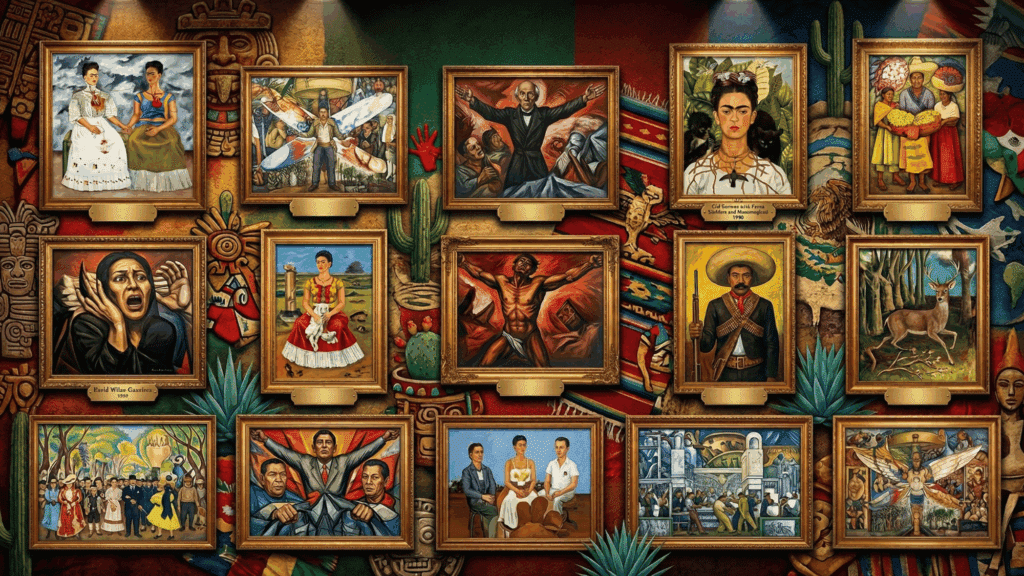a bold and dramatic collage of Mexican paintings with high contrast