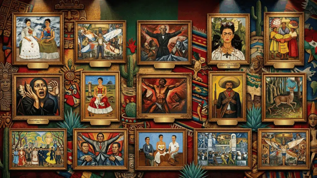 a bold and dramatic collage of Mexican paintings with high contrast