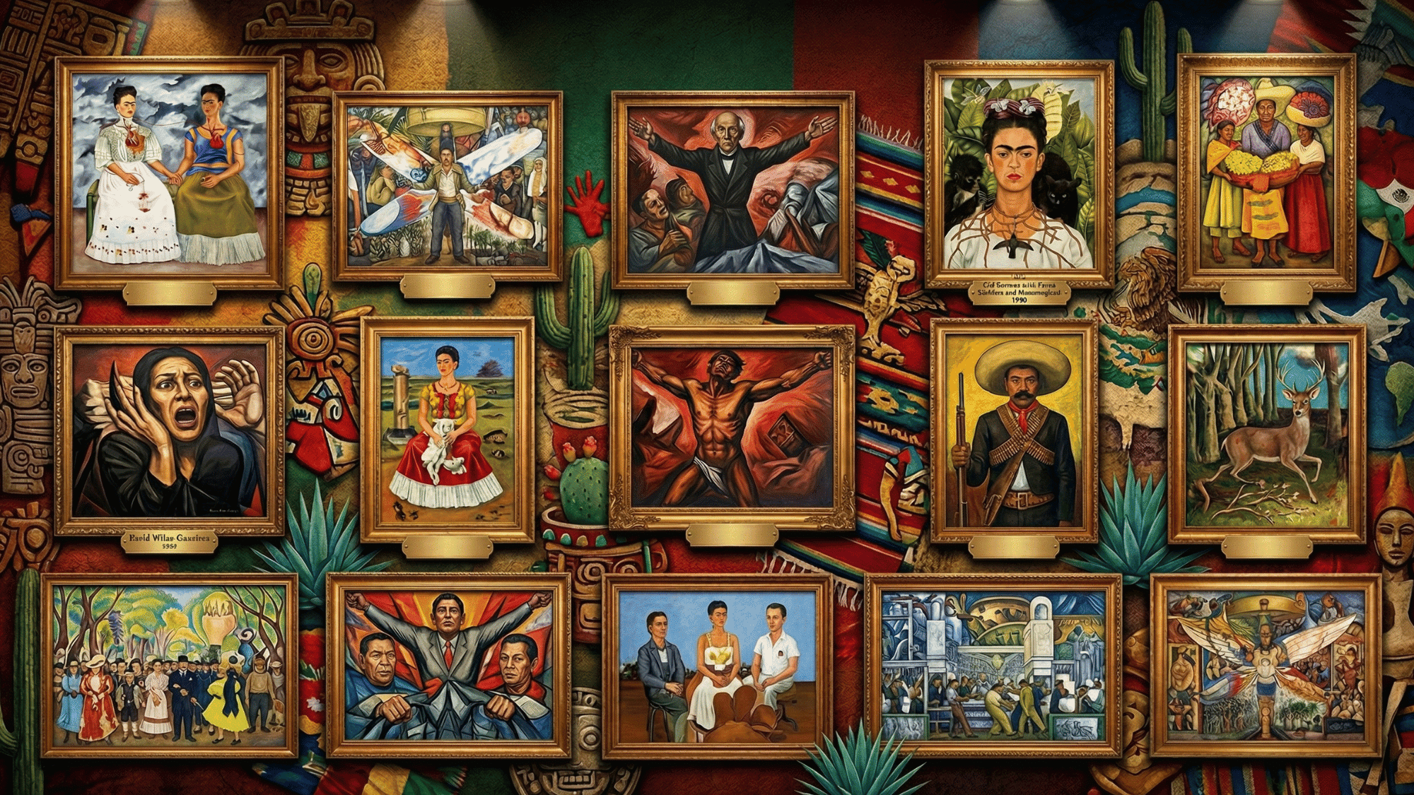 a bold and dramatic collage of Mexican paintings with high contrast