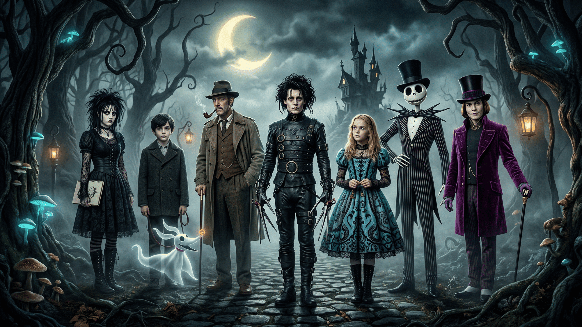 a cinematic group scene featuring gothic fantasy characters inspired by tim burton films