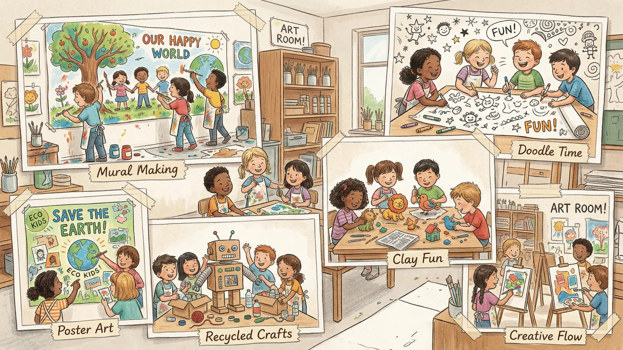 a collage showing six types of art club group activities