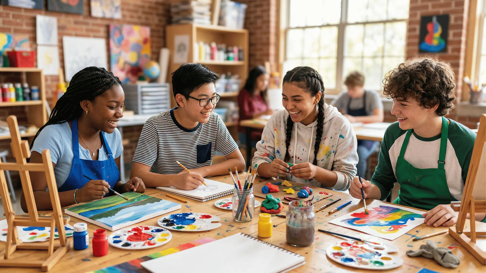 a group of happy students in an art club working together on creative activities