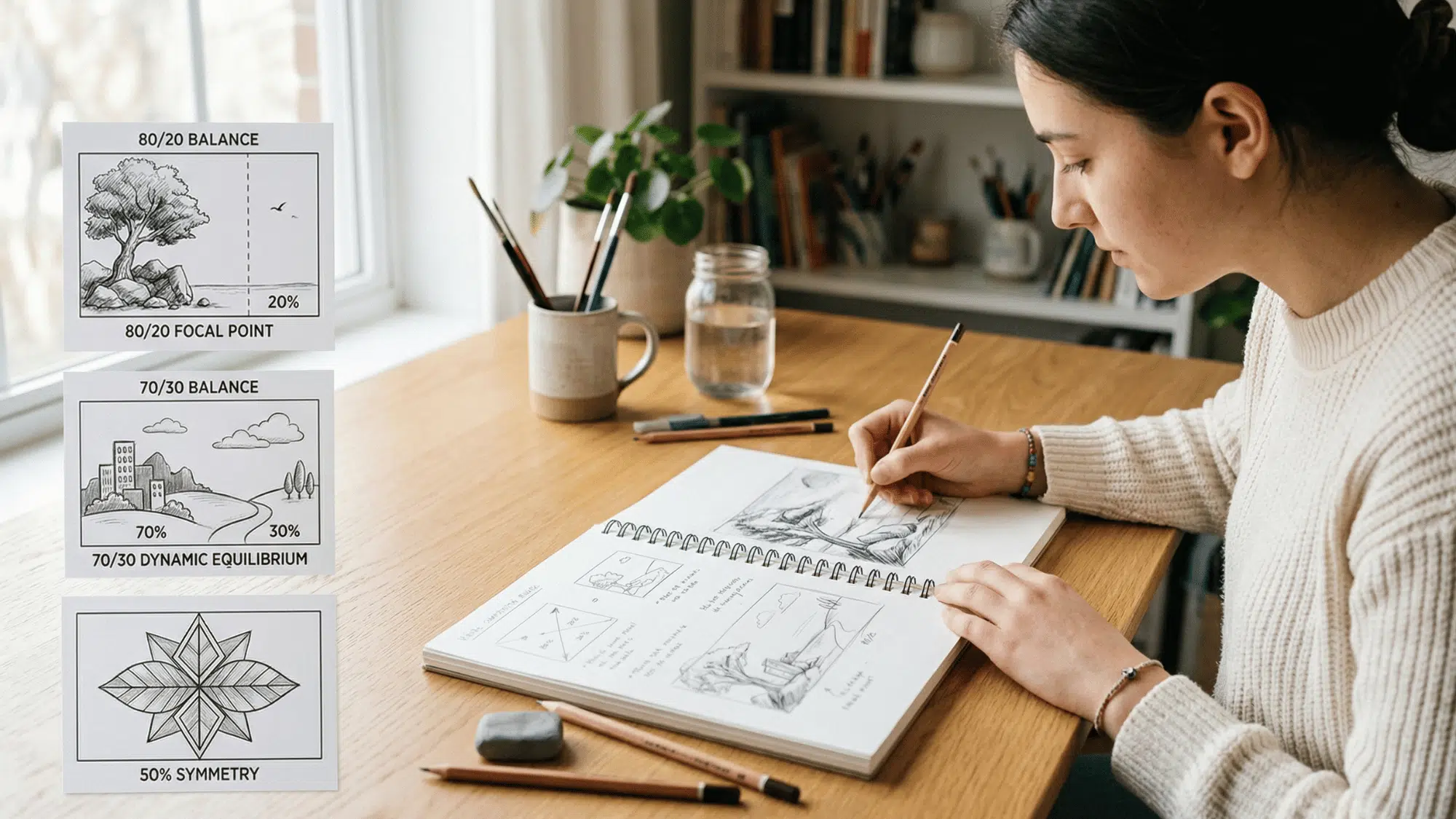 a student sketching on paper, surrounded by three simple visual examples