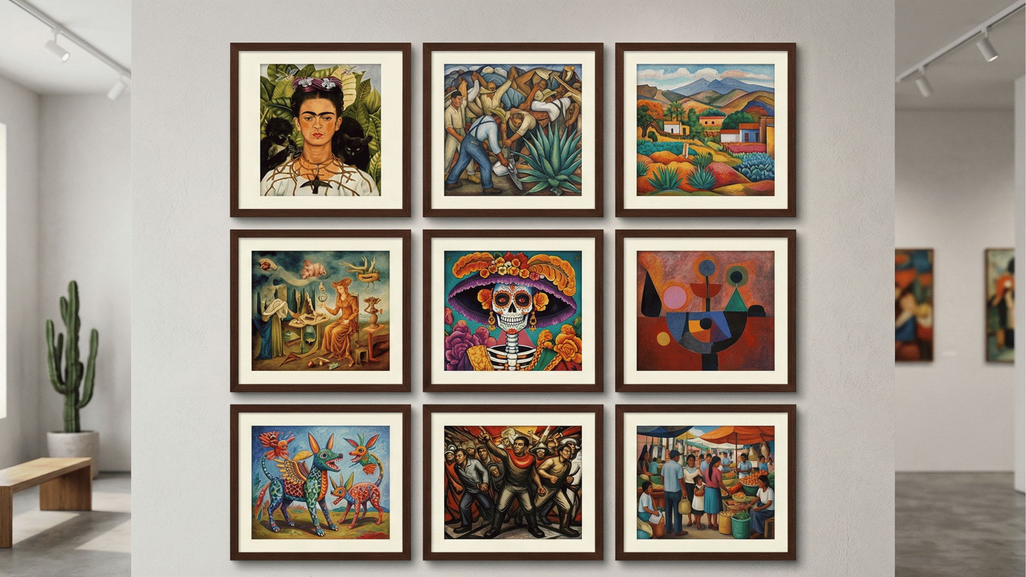 a vibrant artistic collage featuring 15 famous Mexican paintings, including iconic works