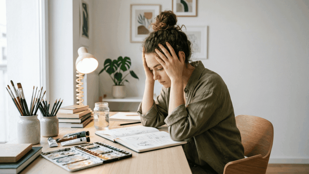 a young artist burnout and sitting at a desk, looking in a notebook, surrounded by art supplies