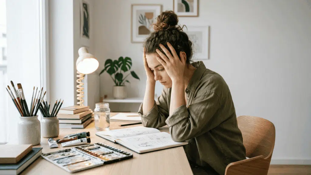 a young artist burnout and sitting at a desk, looking in a notebook, surrounded by art supplies