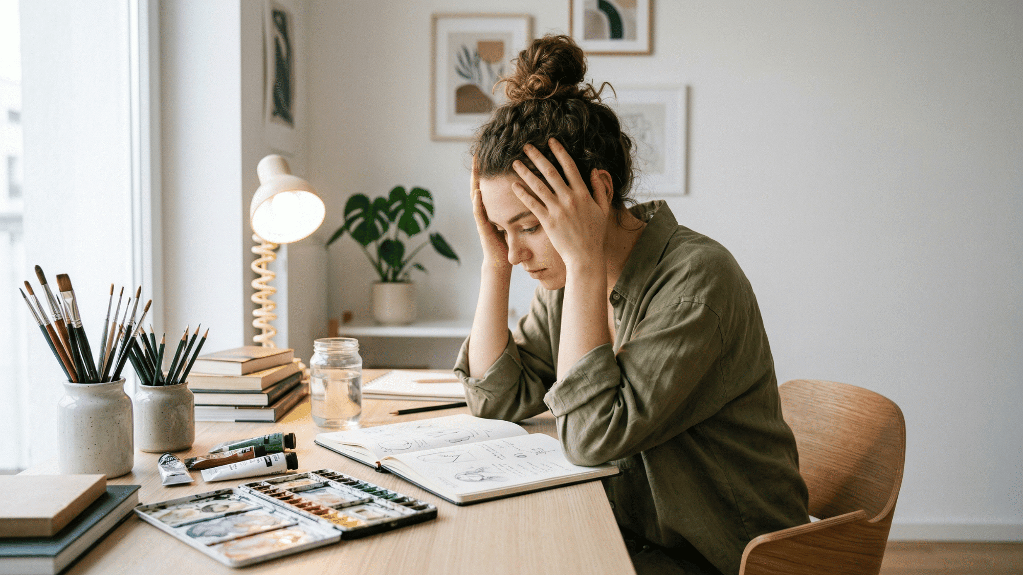 a young artist burnout and sitting at a desk, looking in a notebook, surrounded by art supplies