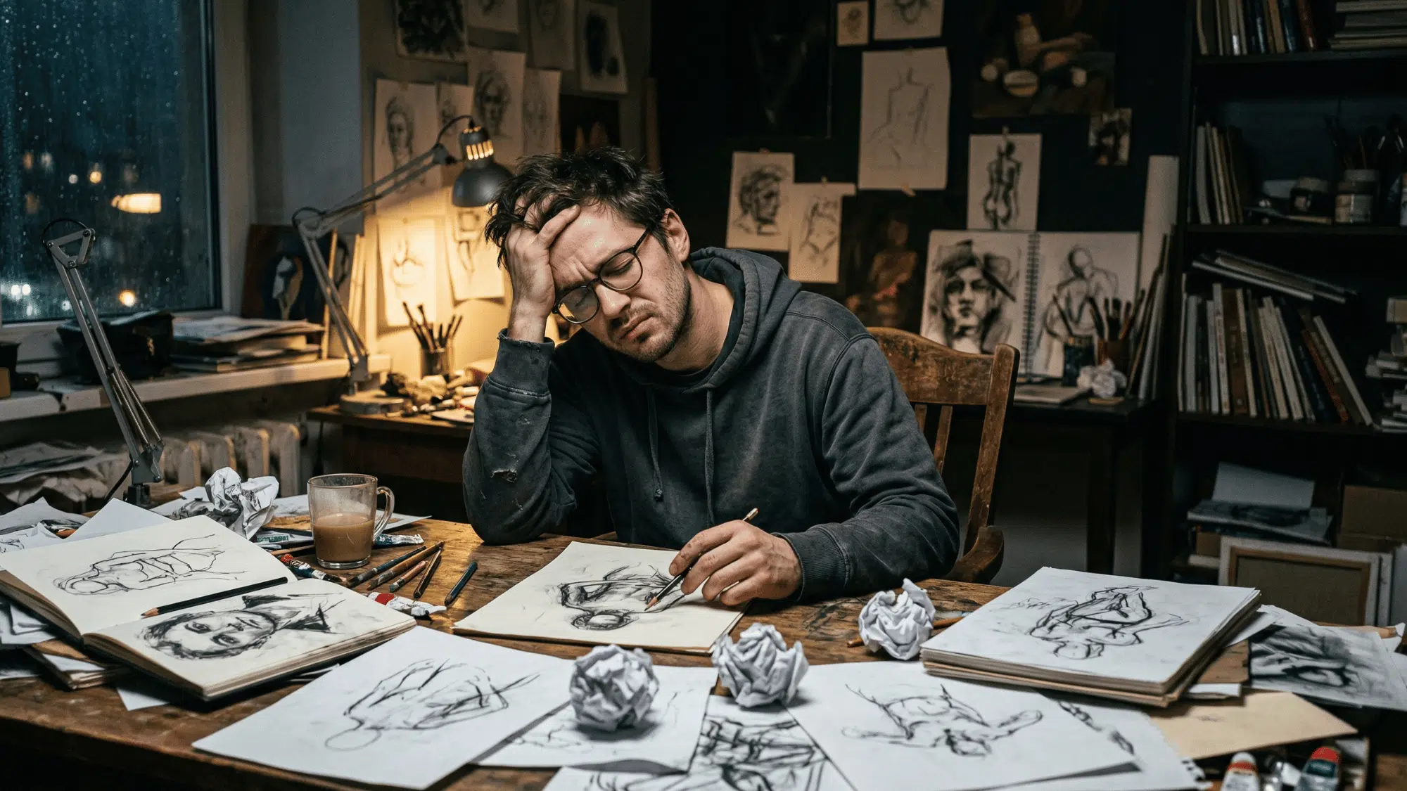 an artist sitting at a messy desk, looking tired and frustrated, surrounded by unfinished sketches