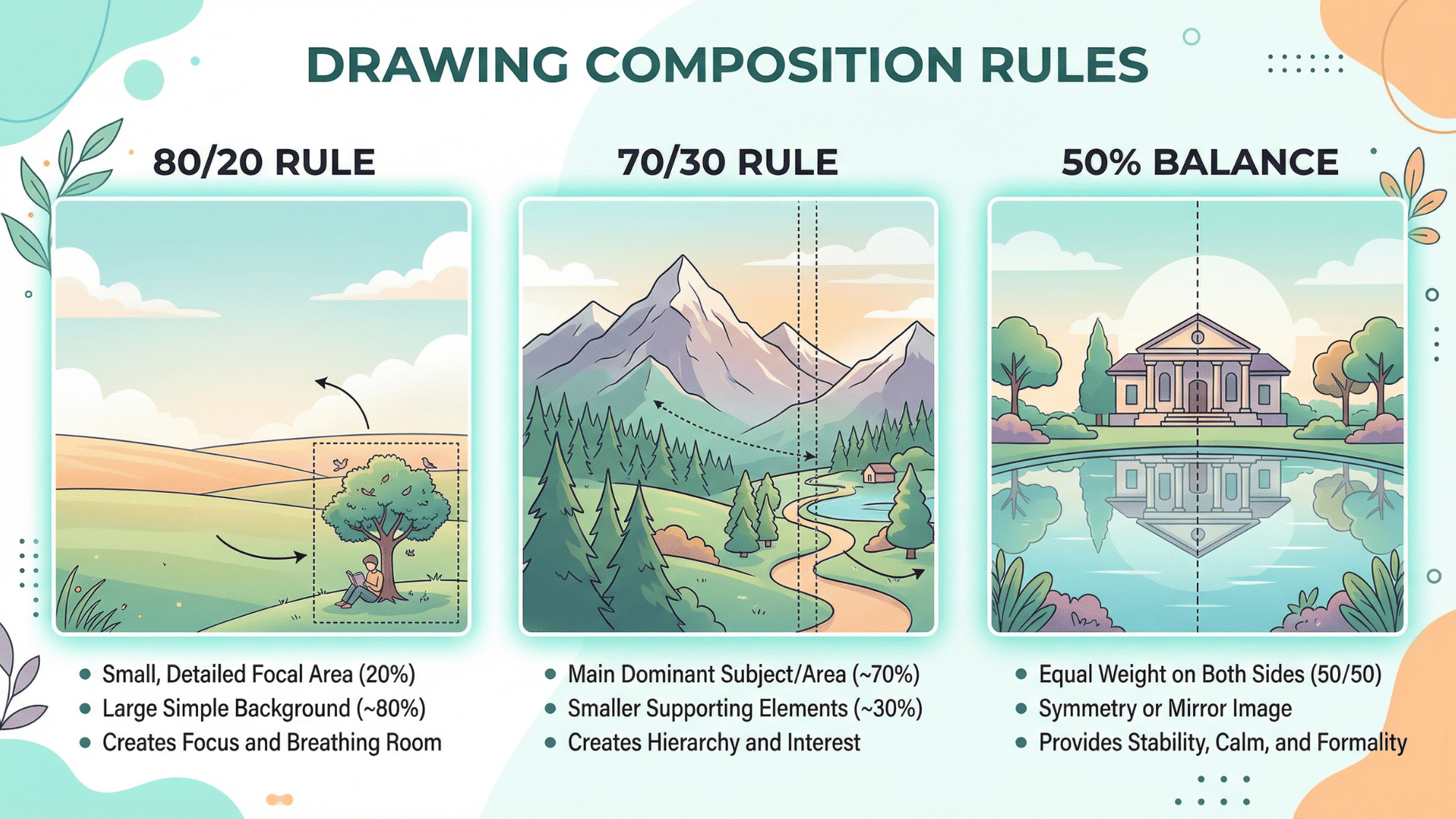 an educational and visually appealing illustration showing three drawing composition rules side by side