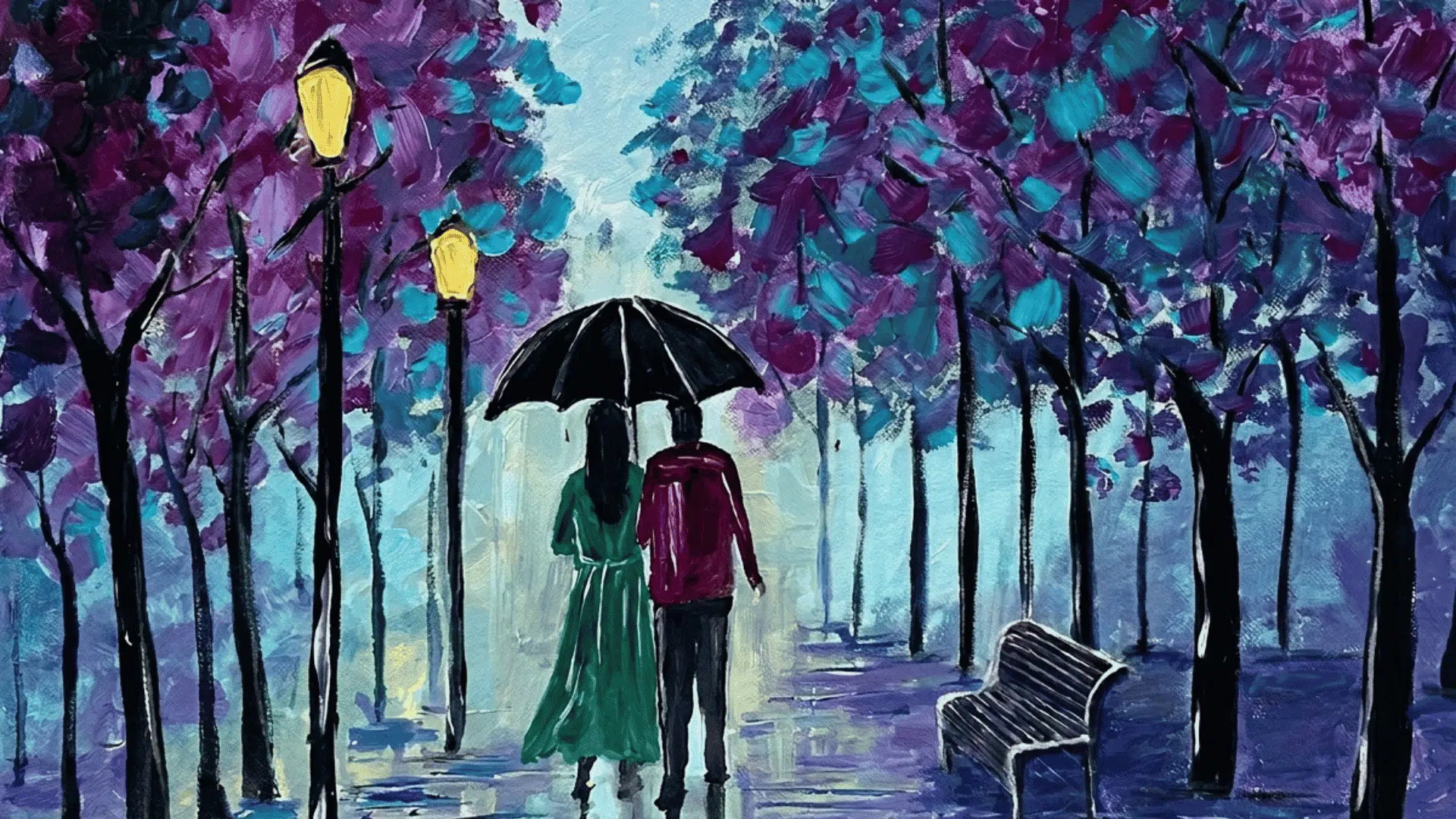 an impressionistic acrylic painting of a couple with an umbrella walking through a vibrant purple and blue forest.