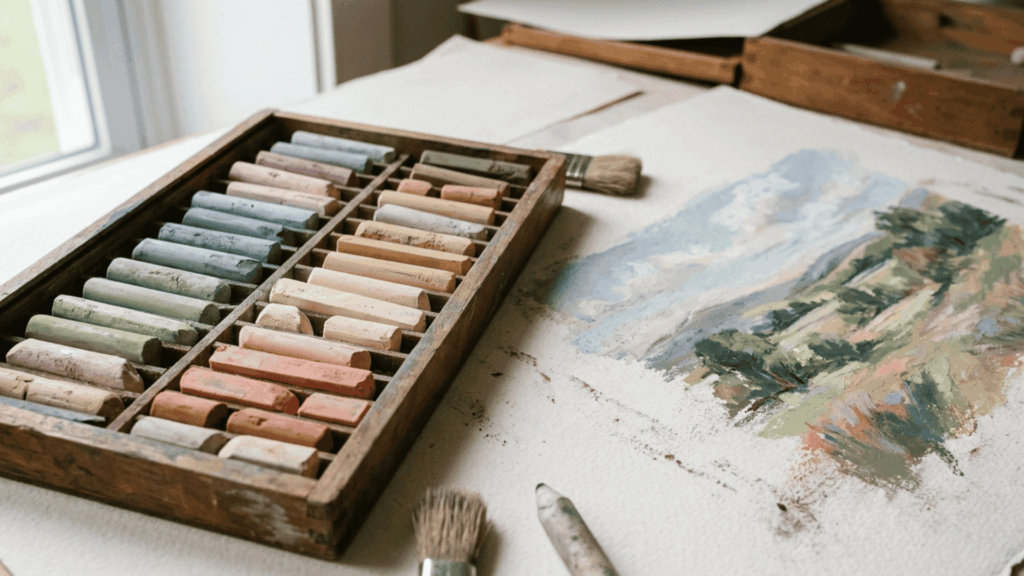 assorted pastel sticks placed next to a finished pastel landscape painting on textured paper surface