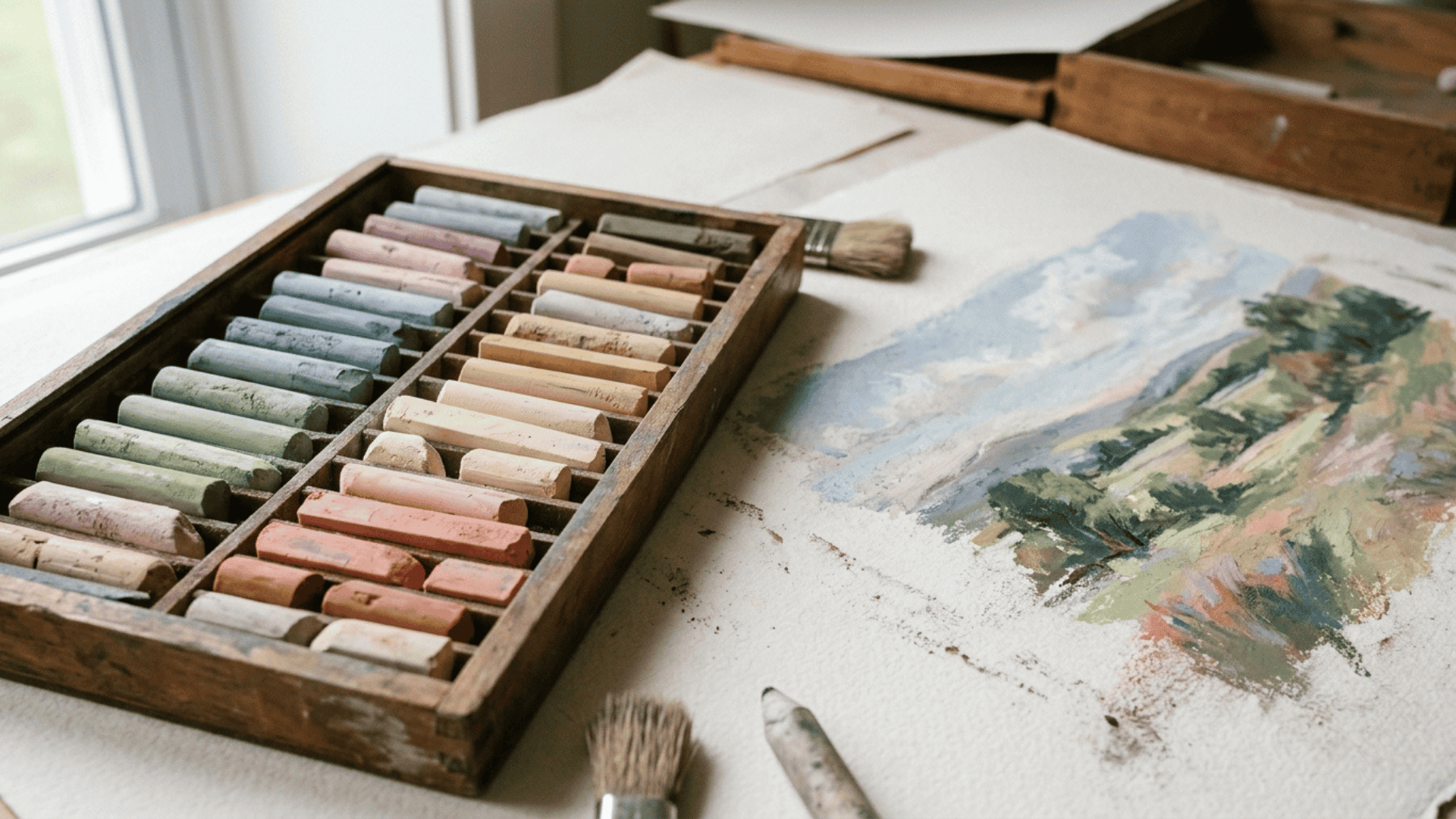 assorted pastel sticks placed next to a finished pastel landscape painting on textured paper surface