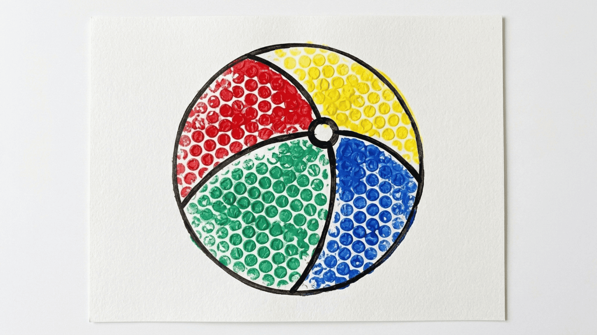 bubble wrap beach ball print showing a round textured print in red blue yellow and green paint sections on white paper