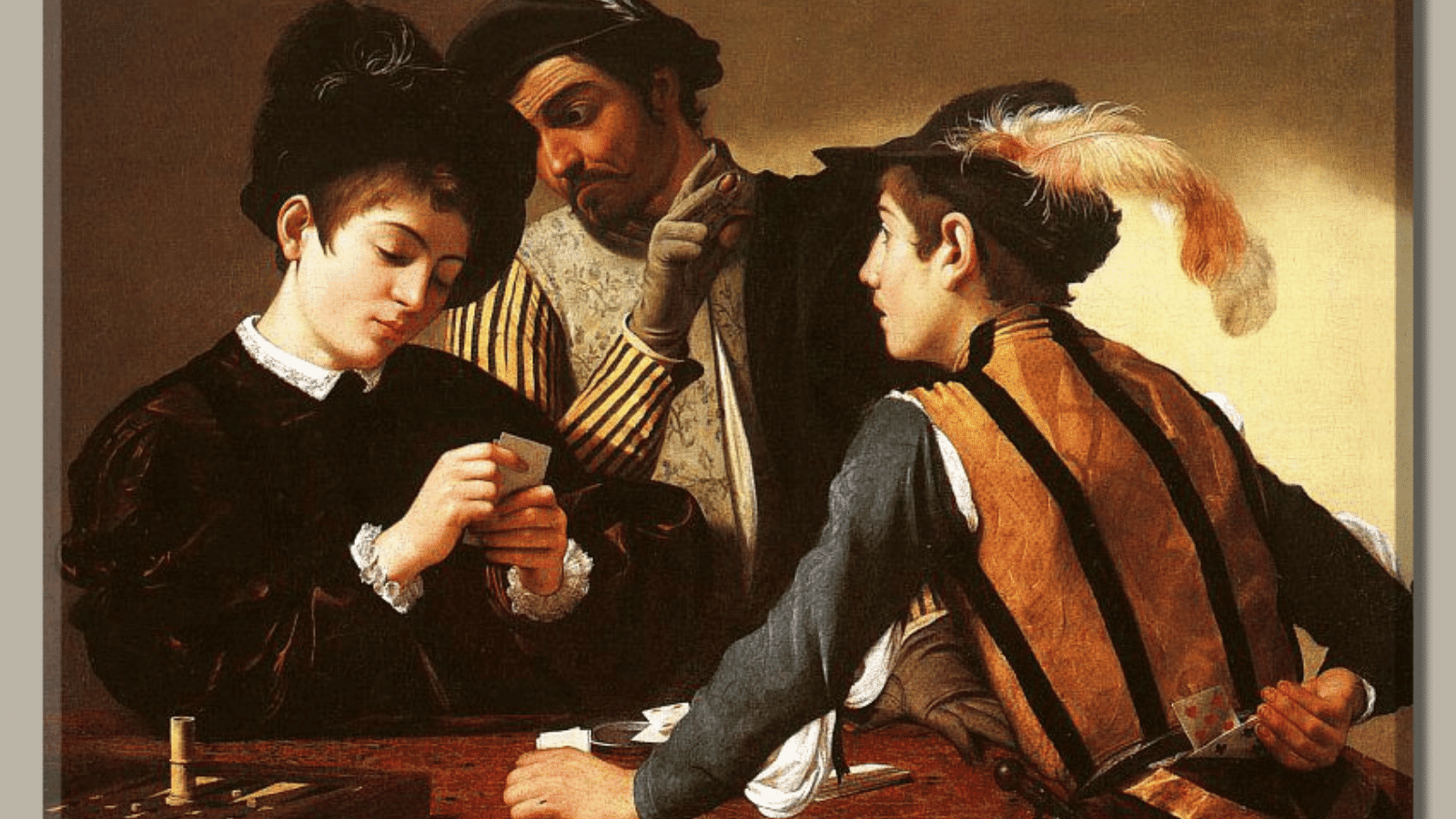 caravaggio’s The Cardsharps painting showing three men playing cards with dramatic lighting and storytelling composition