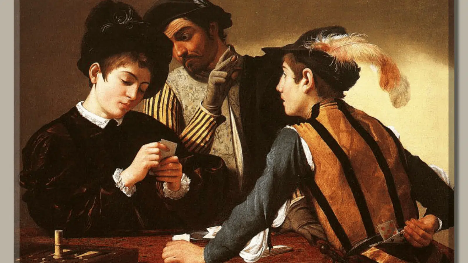 caravaggio’s The Cardsharps painting showing three men playing cards with dramatic lighting and storytelling composition