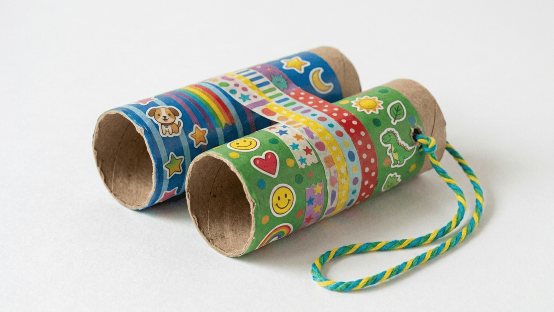 cardboard tube binoculars craft showing two painted tubes side by side decorated with washi tape stickers and a yarn string