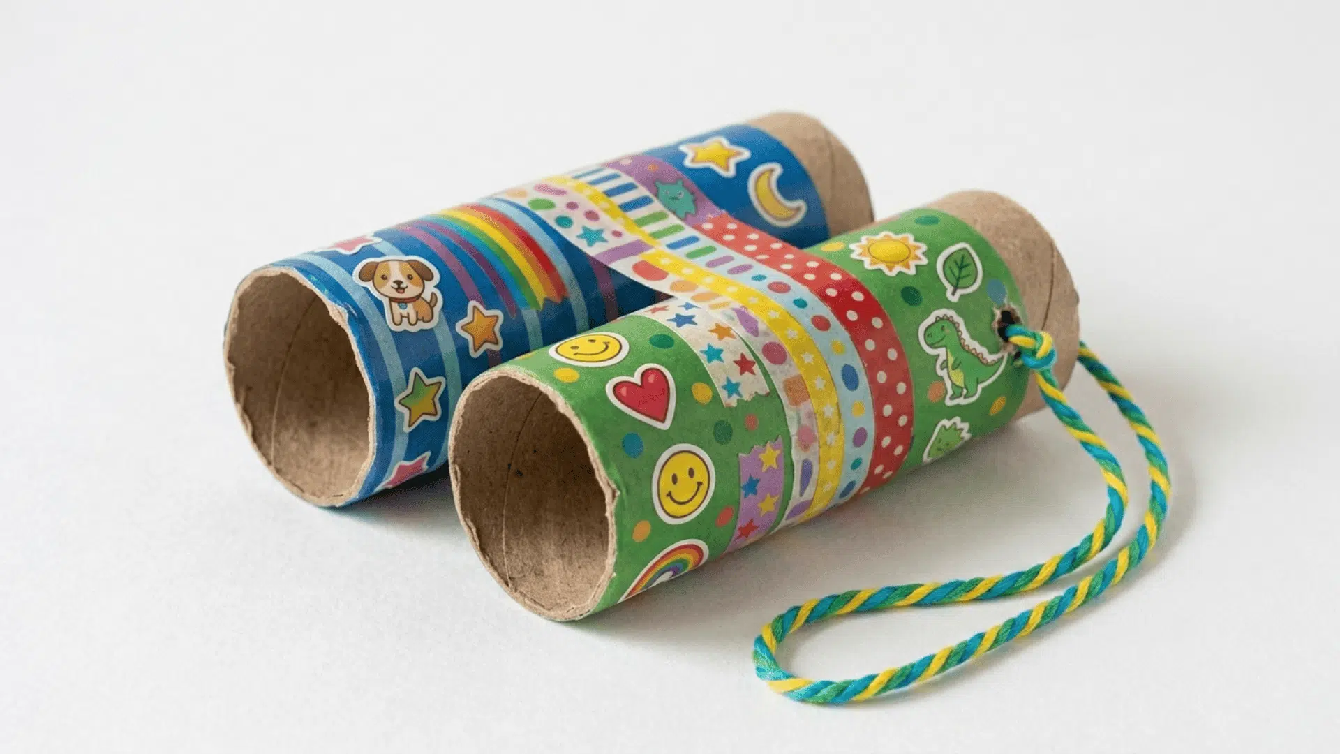 cardboard tube binoculars craft showing two painted tubes side by side decorated with washi tape stickers and a yarn string